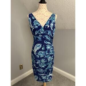 EUC Lauren Ralph Lauren Faux Wrap Blue and Green Floral Cap Sleeve Dress Size 12